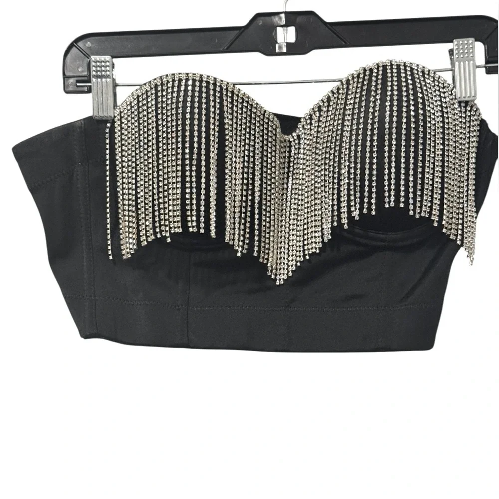 Black Rhinestone Embellished Brassiere Top Size 38C Cowboy Carter Concert Y2K